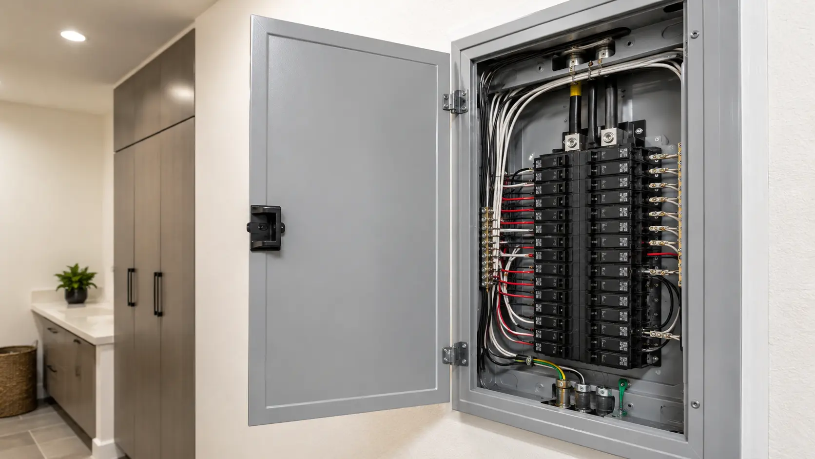 Commercial electrician inspecting an electrical panel in a Brampton business after hours