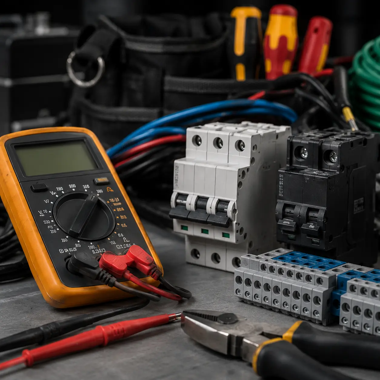 Industrial electrician working on a control panel and three-phase wiring in Brampton