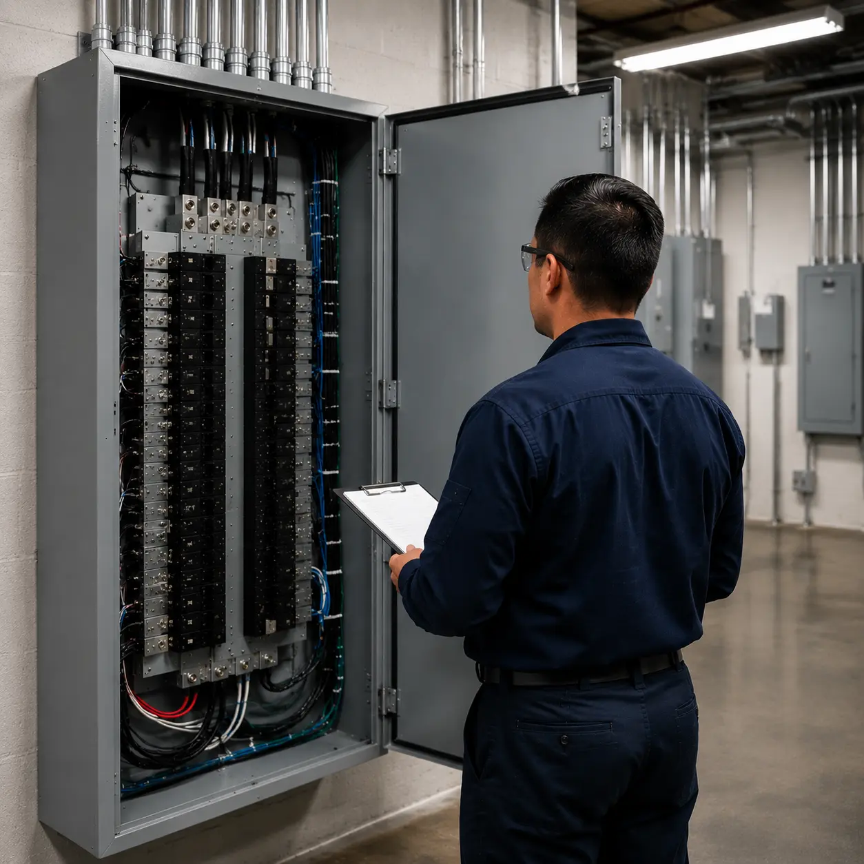 Industrial electrician working during a planned shutdown at a Brampton plant