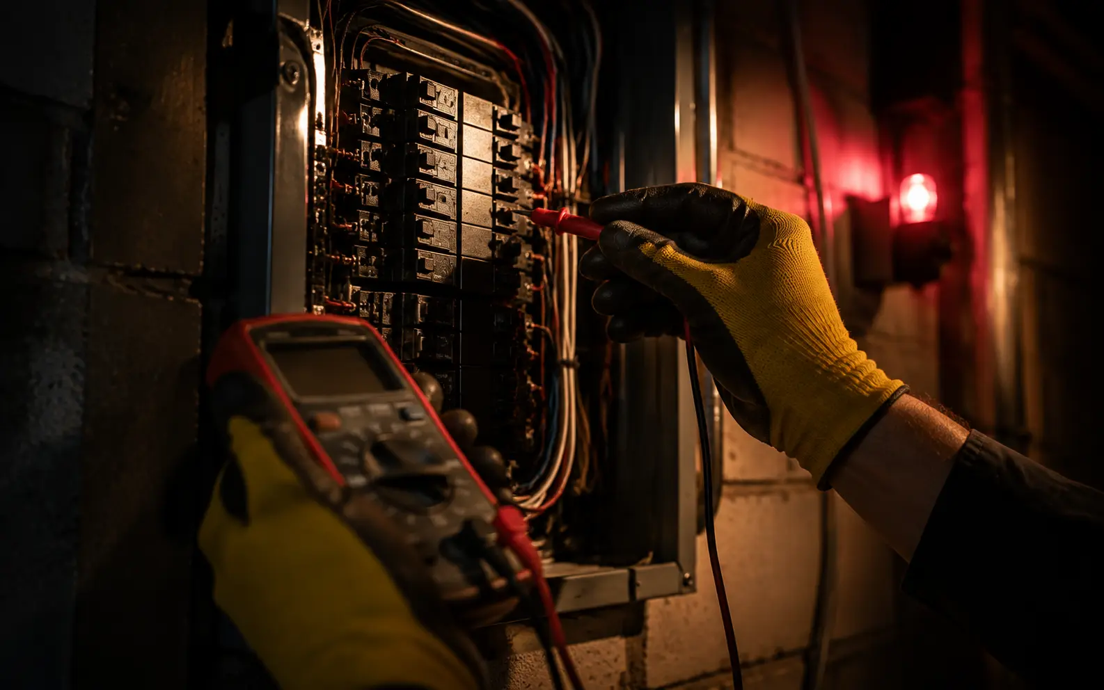 Emergency commercial electrician working on an electrical panel in Brampton at night