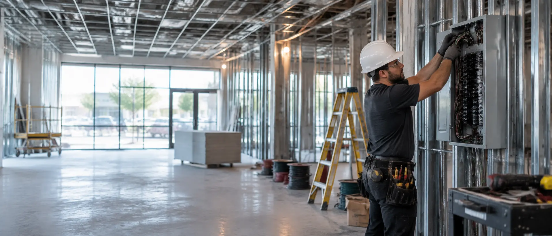 Commercial renovation electrician wiring a tenant fit-out in Brampton